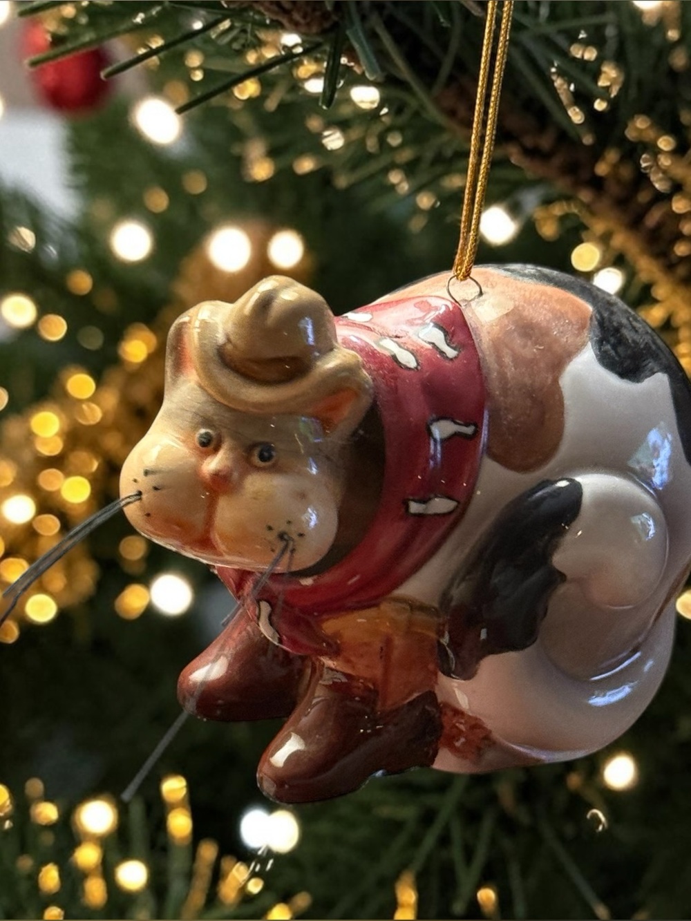 Vintage Ceramic Calico Cowboy Cat Bobblehead Ornament Western